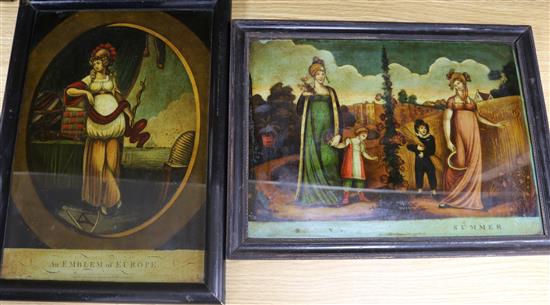 Two early 19th century reverse prints on glass; Emblem of Europe & Spring/Summer 25 x 35.5cm